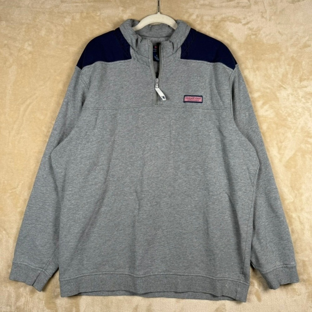 Vineyard Vines Mens XL Gray Navy Blue Quarter Zip Pullover Sweatshirt 1K0403